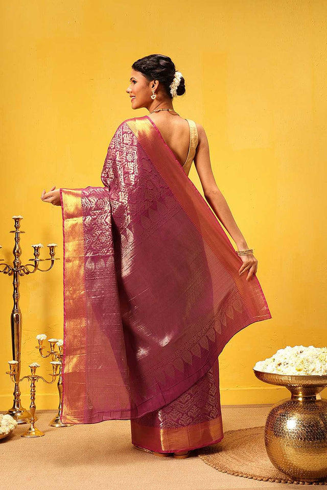 Pink Zari Woven Silk Saree