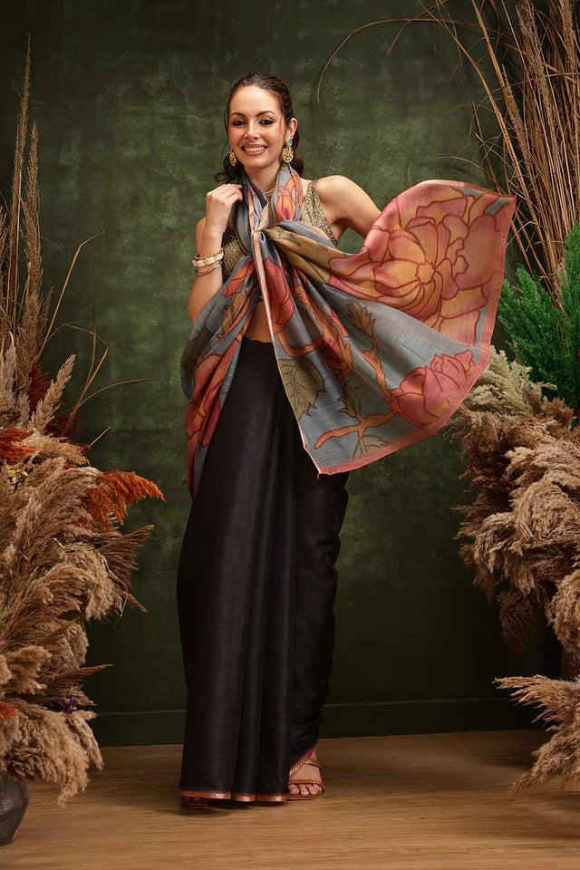 Black Half & Half Floral Printed Silk Saree