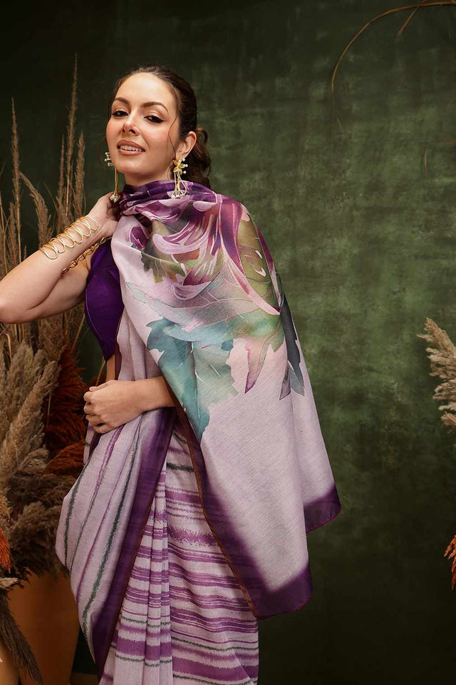 Violet Half & Half Printed Silk Saree