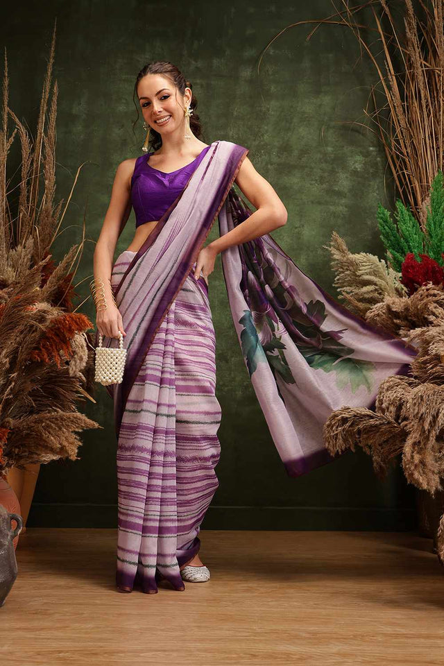 Violet Half & Half Printed Silk Saree