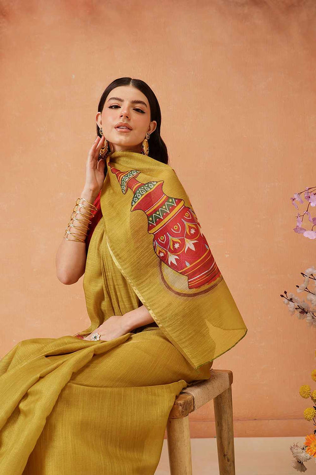 mustard Half & Half Kalamkari Silk Saree
