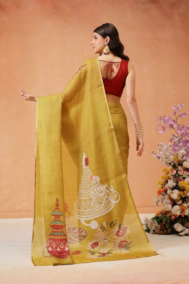 mustard Half & Half Kalamkari Silk Saree