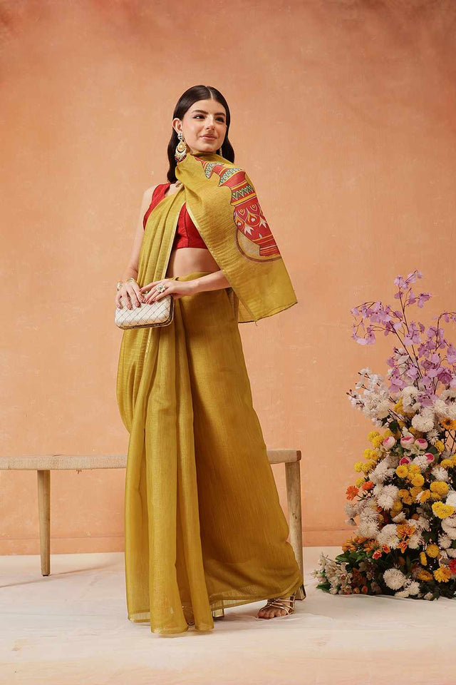 mustard Half & Half Kalamkari Silk Saree