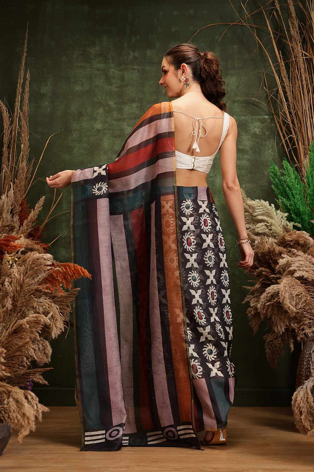 Multi-Color Half & Half Abstract Printed Silk Saree