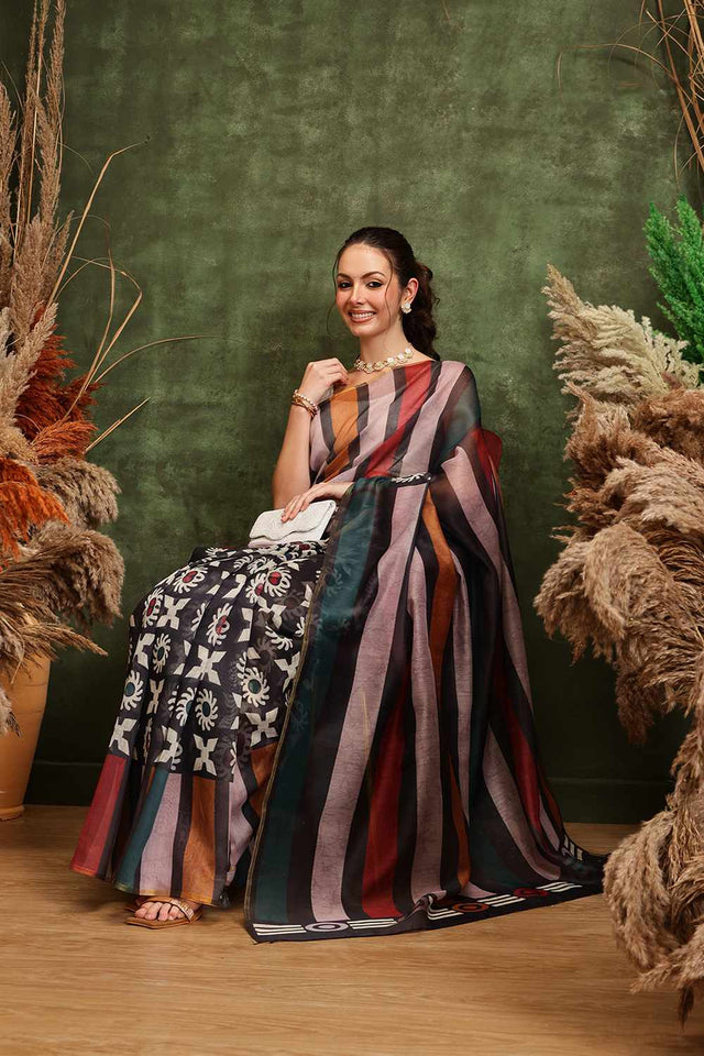 Multi-Color Half & Half Abstract Printed Silk Saree