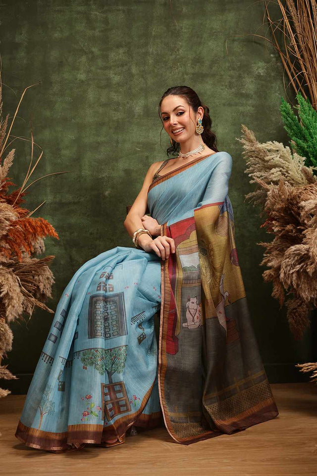 Turquoise Half & Half Kalamkari Silk Saree