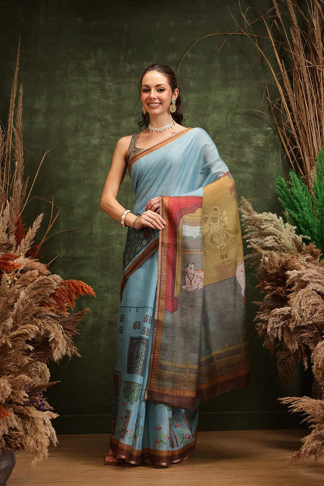Turquoise Half & Half Kalamkari Silk Saree