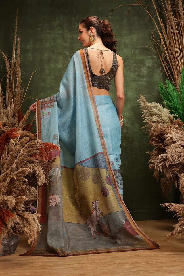 Turquoise Half & Half Kalamkari Silk Saree