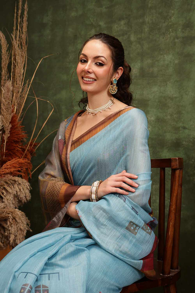 Turquoise Half & Half Kalamkari Silk Saree