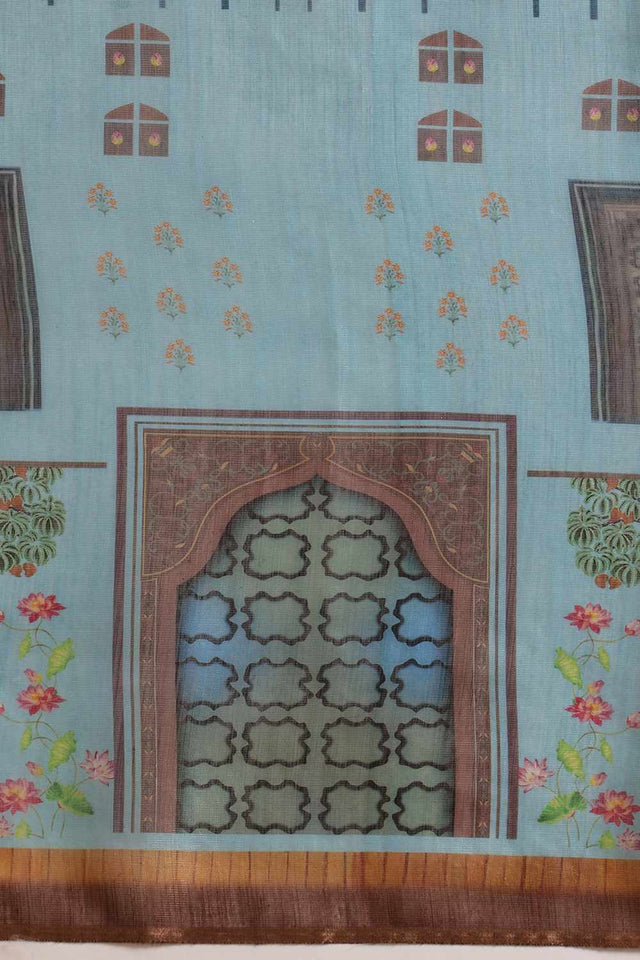 Turquoise Half & Half Kalamkari Silk Saree