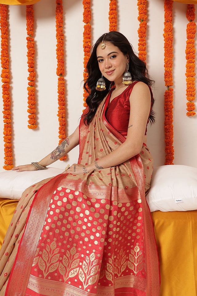 Beige Floral Woven Cotton Silk Saree (SZ-WVBC3-BE-3287)