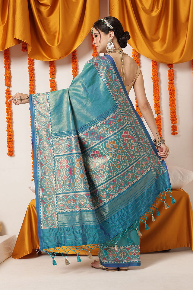 Turquoise Ikkat Woven Silk Saree (SZ-WVPATOLA-3271)