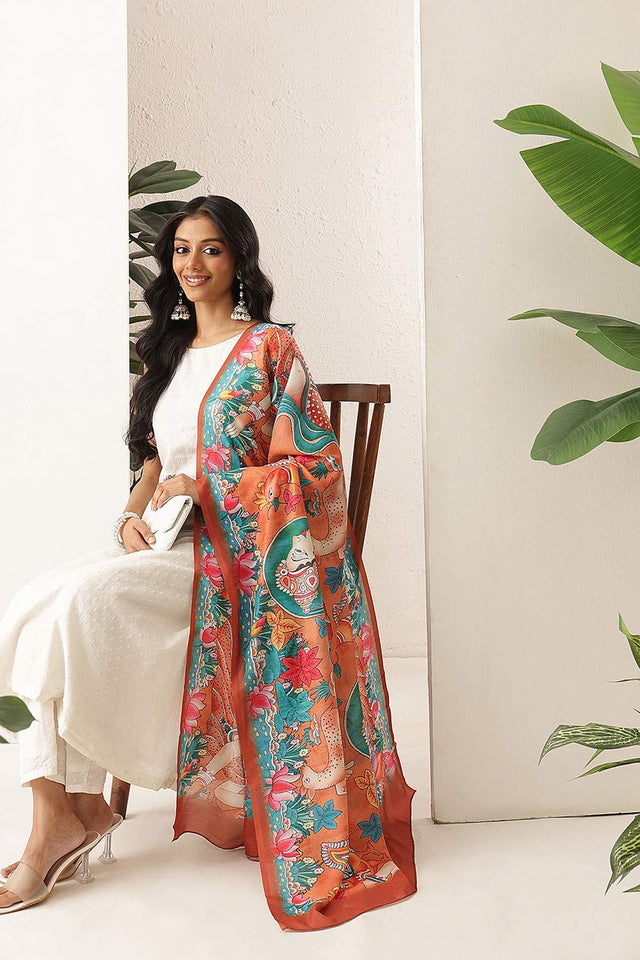 Orange Floral Printed Cotton Dupatta (SZDGDP-ORG-177)