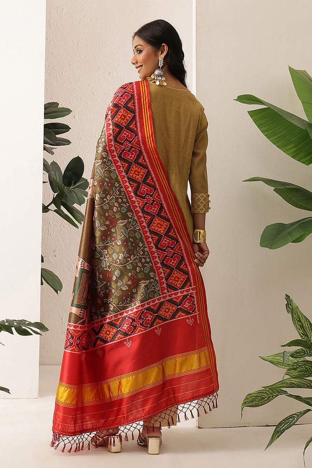 Olive Green Patola Printed Silk Dupatta (SZDGDP-PATOLA-173)