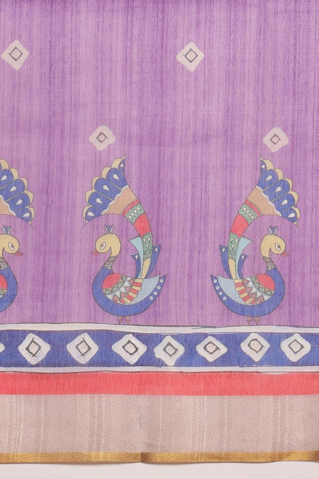 Purple Cotton Blend Printed Madhubani Saree