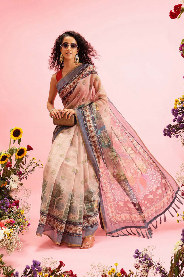 Beige Cotton Blend Printed Madhubani Saree