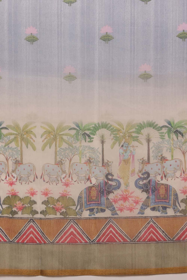 Grey Cotton Blend Printed Madhubani Saree