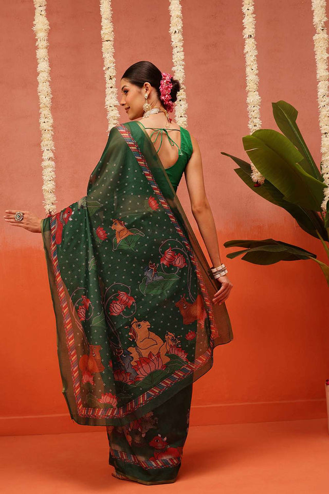 Green Digital Printed Cotton Blend Saree
