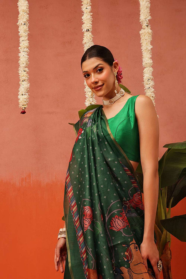 Green Digital Printed Cotton Blend Saree