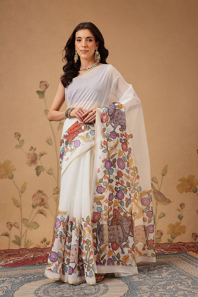 White Kalamkari Printed Cotton Blend Saree