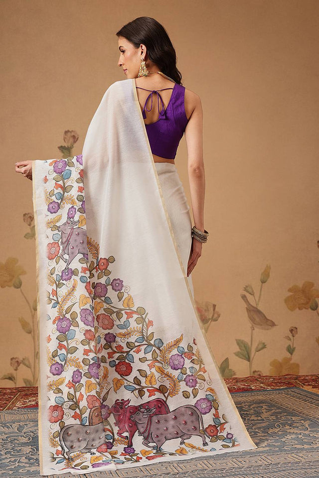 White Kalamkari Printed Cotton Blend Saree