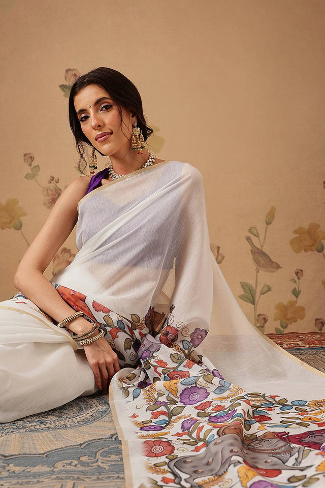White Kalamkari Printed Cotton Blend Saree