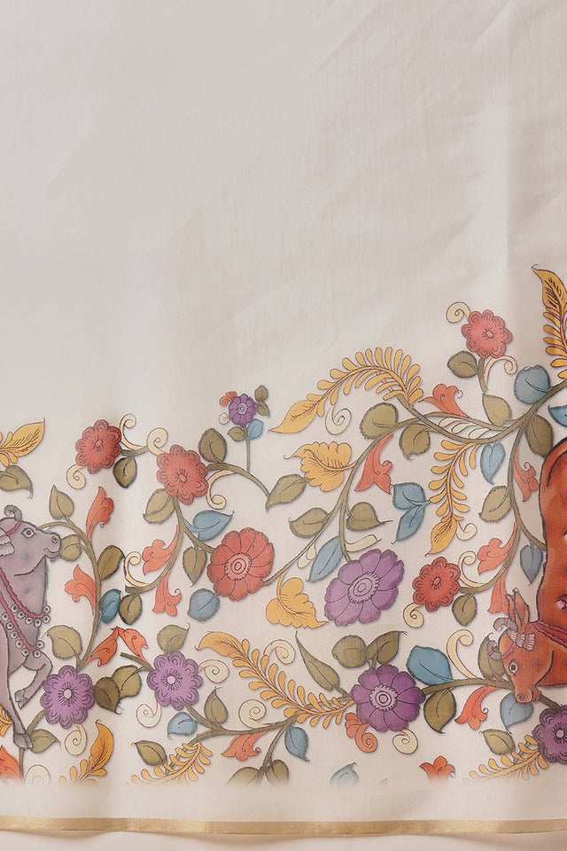 White Kalamkari Printed Cotton Blend Saree