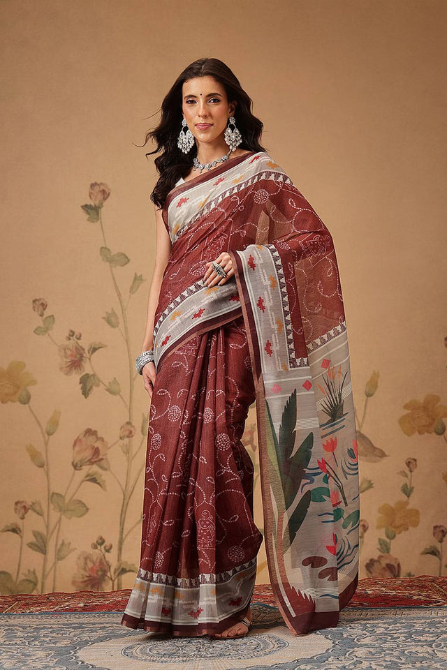 Maroon Bandhani Printed Cotton Blend Saree