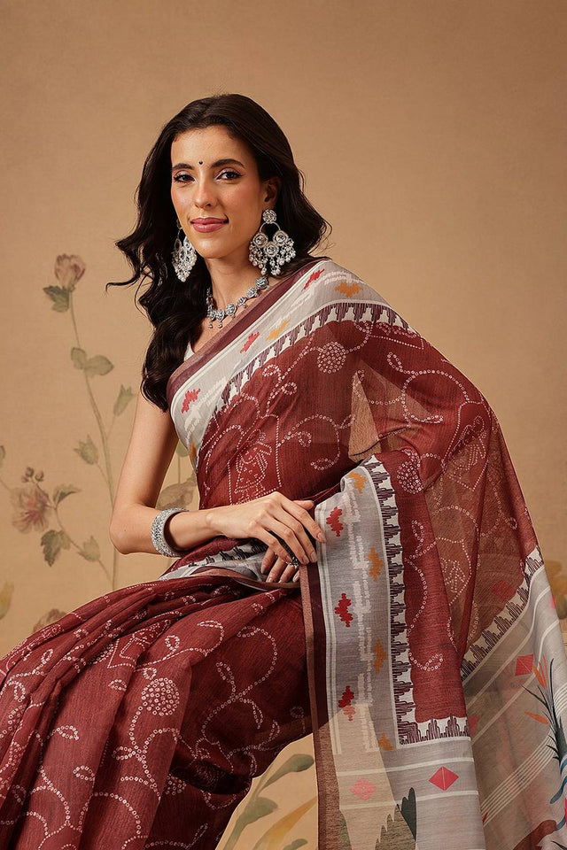Maroon Bandhani Printed Cotton Blend Saree