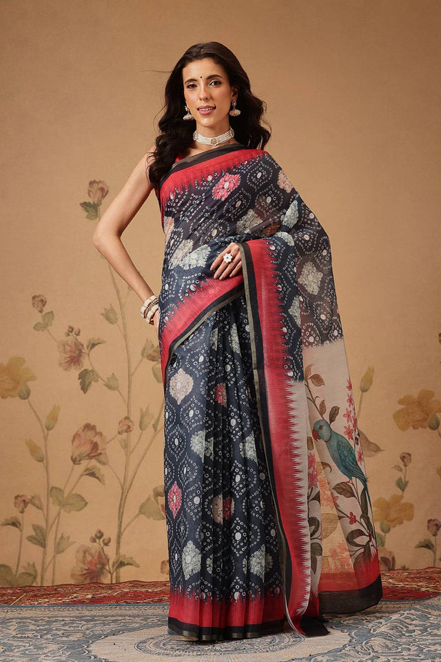 Grey Bandhani Printed Cotton Blend Saree
