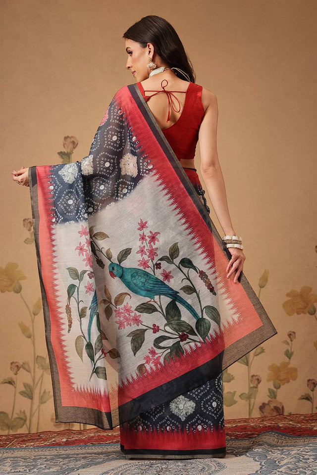 Grey Bandhani Printed Cotton Blend Saree