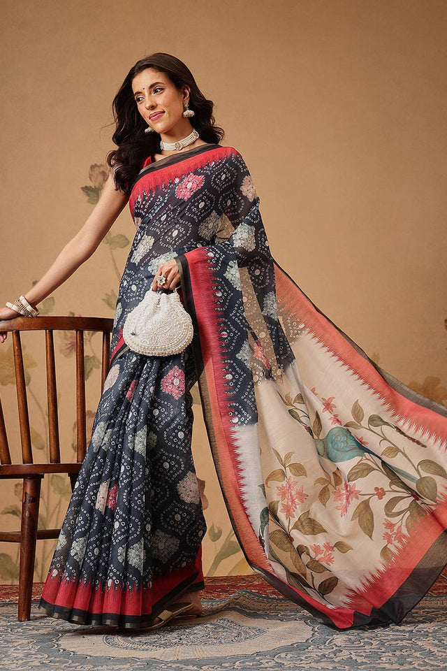 Grey Bandhani Printed Cotton Blend Saree