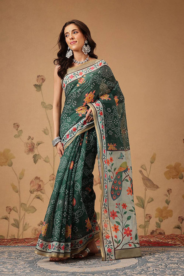 Green Bandhani Printed Cotton Blend Saree
