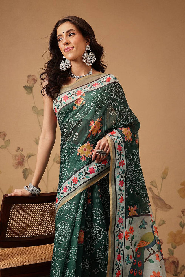 Green Bandhani Printed Cotton Blend Saree