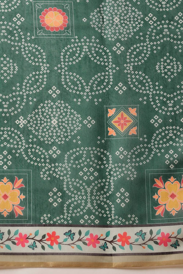 Green Bandhani Printed Cotton Blend Saree