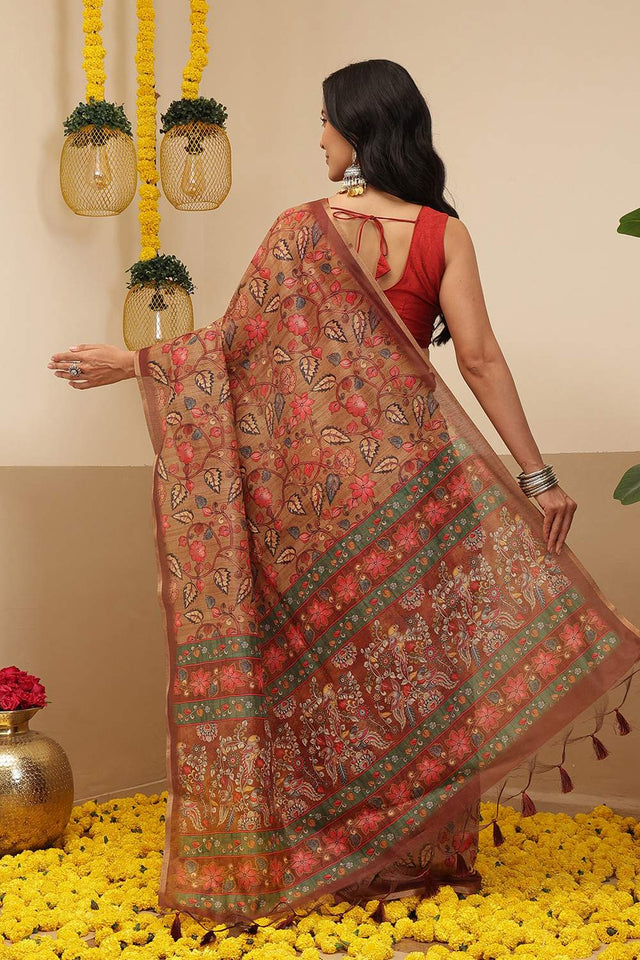 Brown Kalamkari Printed Cotton Blend Saree (SZKLD000-3143)