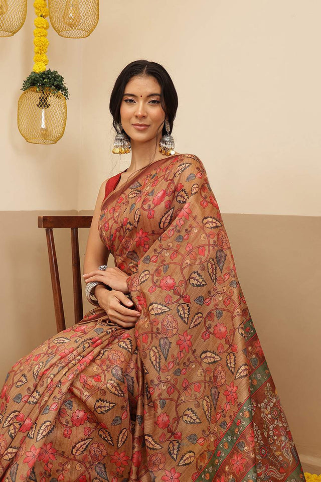 Brown Kalamkari Printed Cotton Blend Saree (SZKLD000-3143)