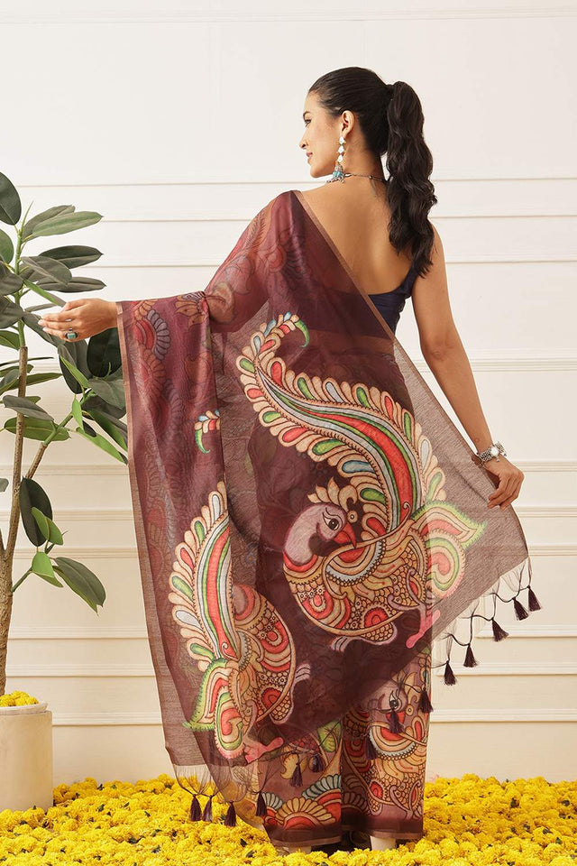 Violet Kalamkari Printed Cotton Blend Saree (SZKLD000-3144)