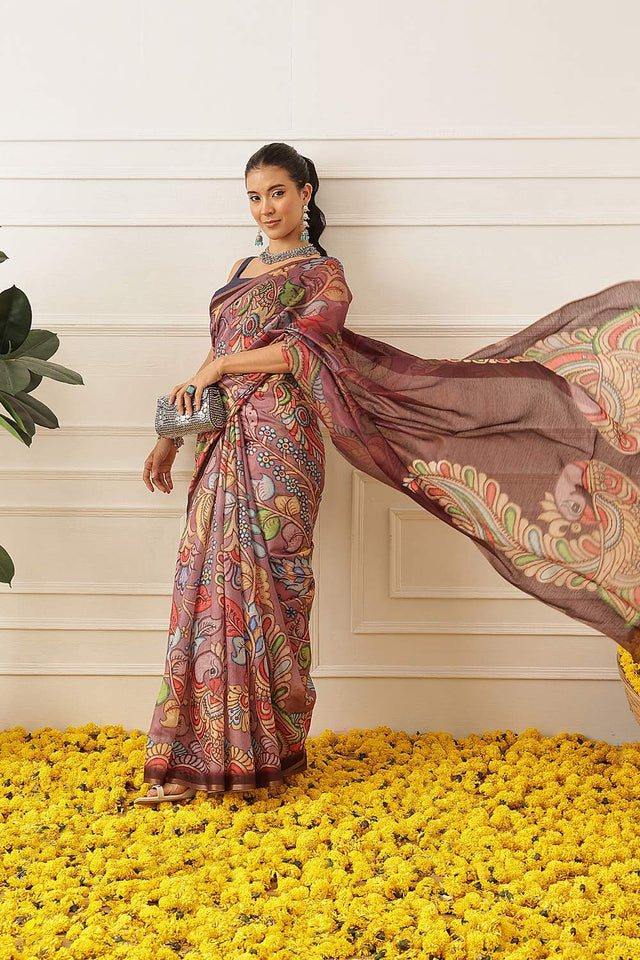 Violet Kalamkari Printed Cotton Blend Saree (SZKLD000-3144)