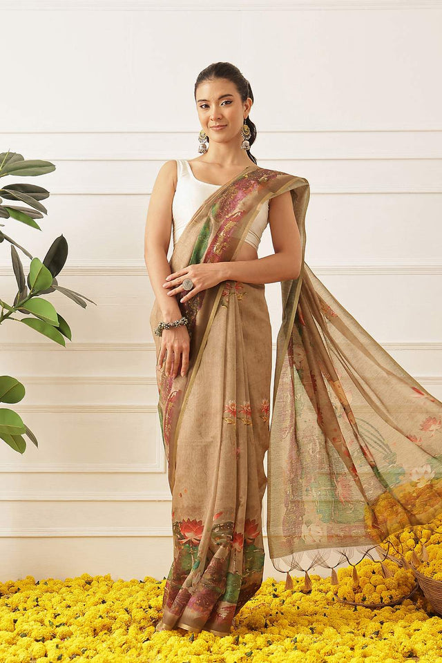 Beige Kalamkari Printed Cotton Blend Saree (SZKLD000-3145)