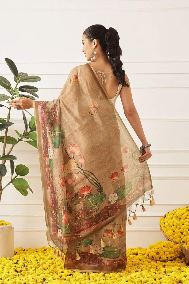 Beige Kalamkari Printed Cotton Blend Saree (SZKLD000-3145)