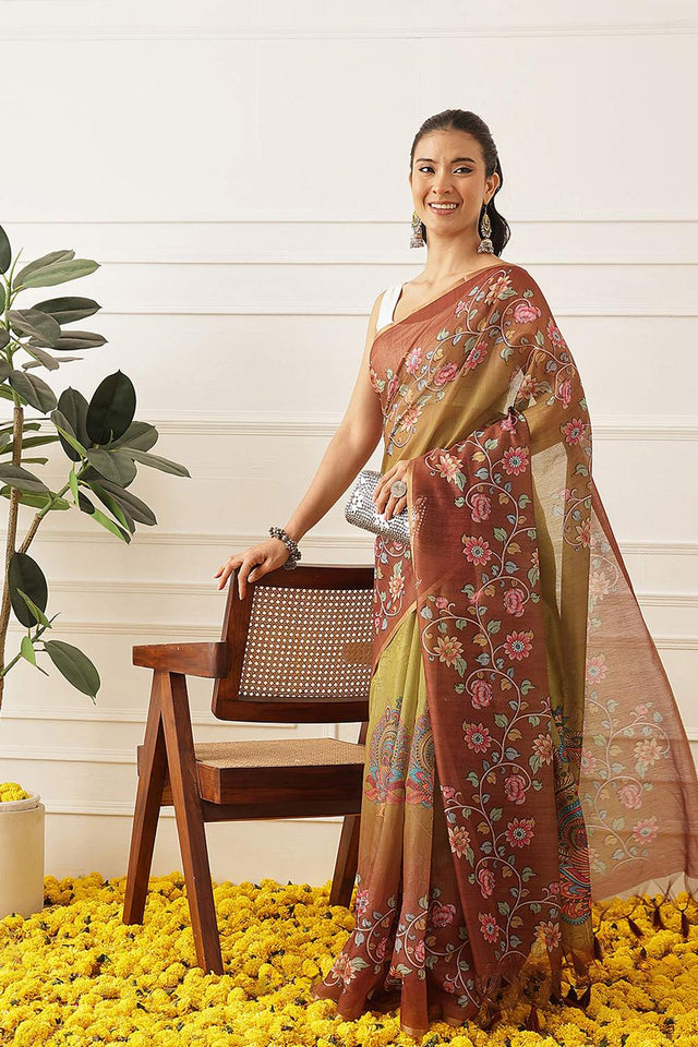 Olive Green Kalamkari Printed Cotton Blend Saree (SZKLD000-3146)