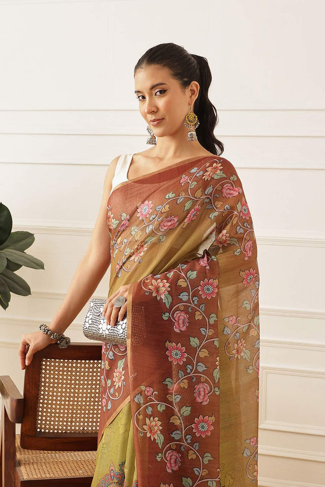Olive Green Kalamkari Printed Cotton Blend Saree (SZKLD000-3146)