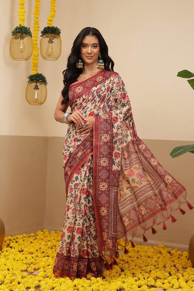 Beige Floral Printed Cotton Blend Saree (SZKLD000-3148)