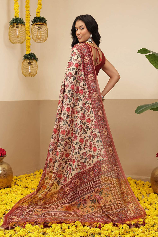 Beige Floral Printed Cotton Blend Saree (SZKLD000-3148)