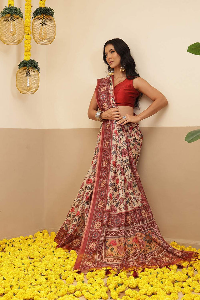 Beige Floral Printed Cotton Blend Saree (SZKLD000-3148)