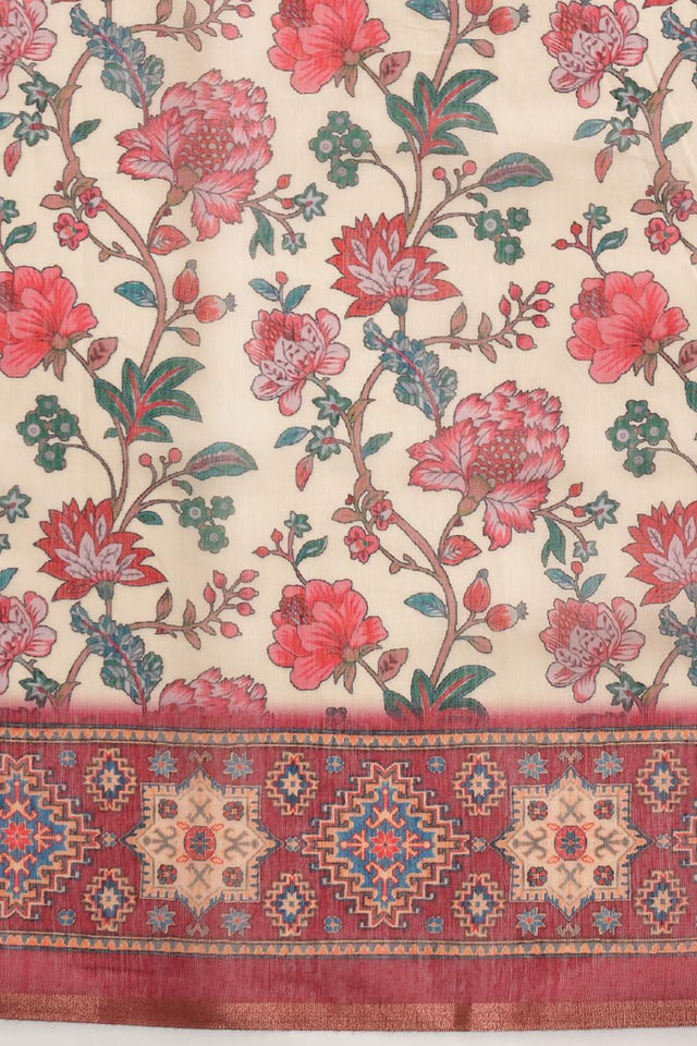 Beige Floral Printed Cotton Blend Saree (SZKLD000-3148)