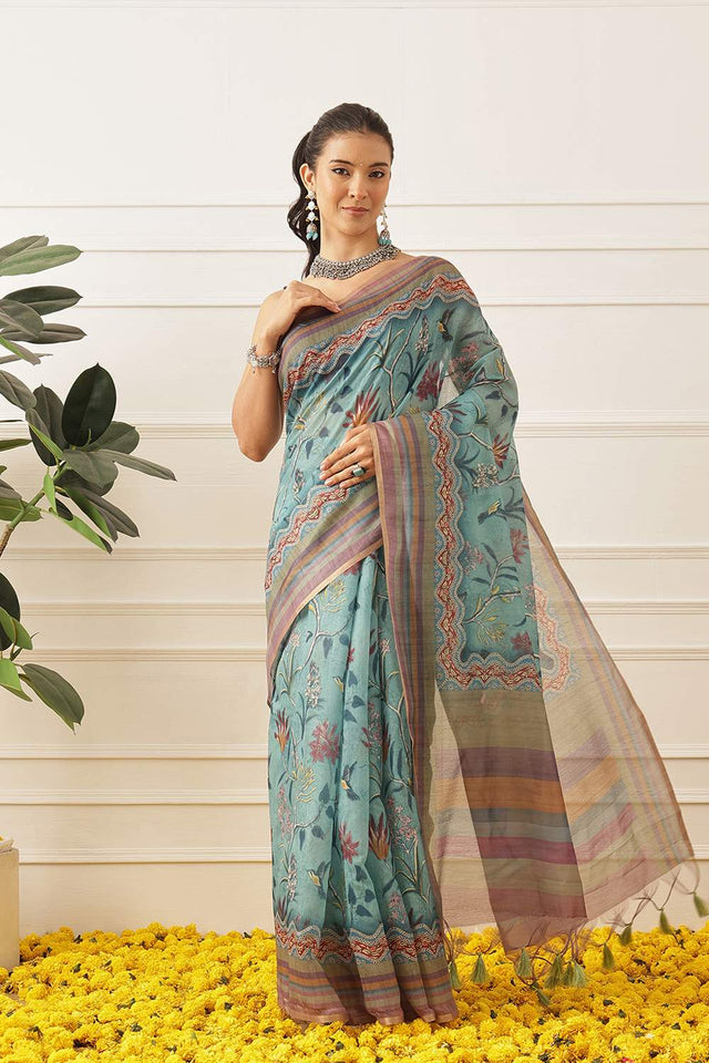 Blue Floral Printed Cotton Blend Saree (SZKLD000-3149)