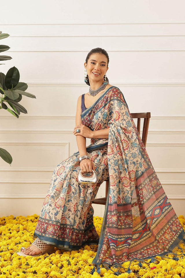 Off White Floral Printed Cotton Blend Saree (SZKLD000-3150)