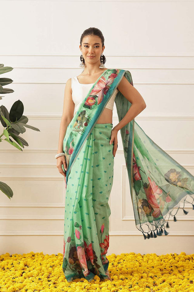 Dark Green Floral Printed Cotton Blend Saree (SZKLD000-3151)